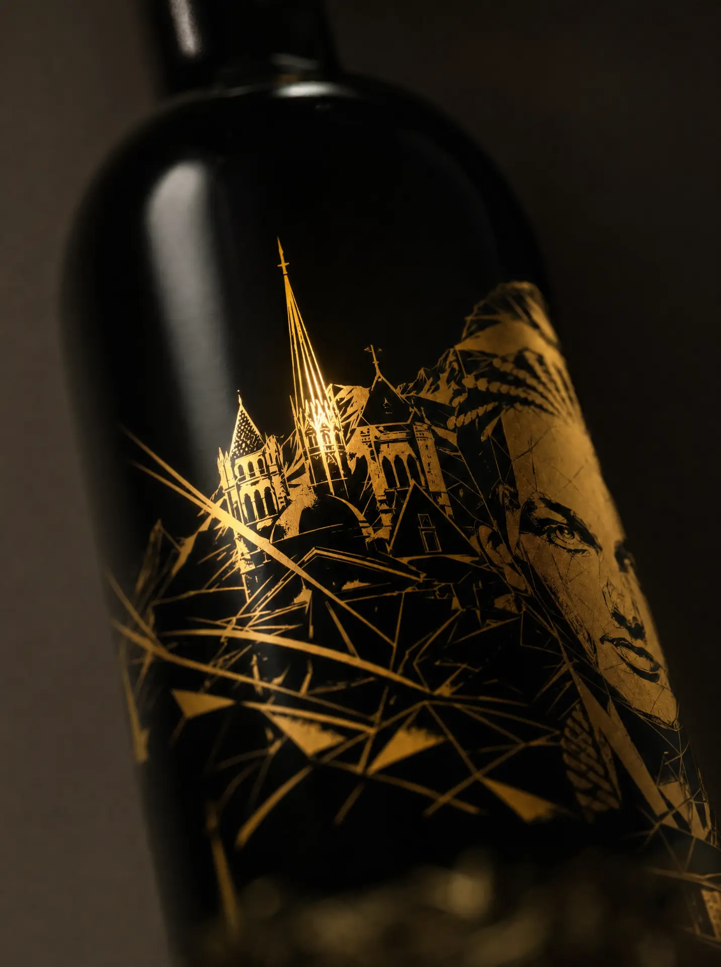 Détail or de la cathédrale gravée sur la bouteille rouge
